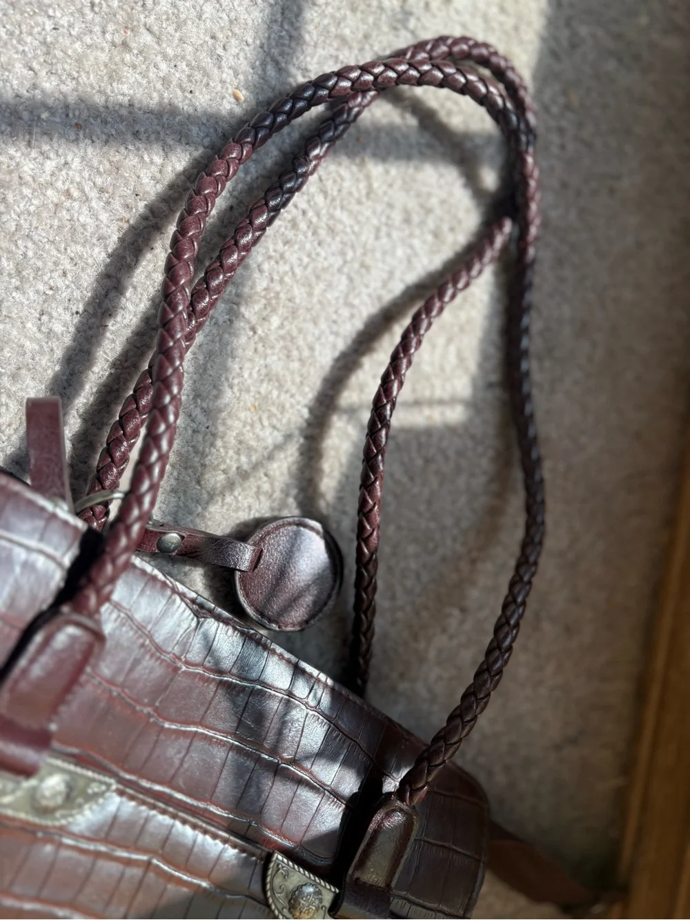 Western Croc Embossed Tote Brown Concho Braided Handle Y2K Cowgirl Purse